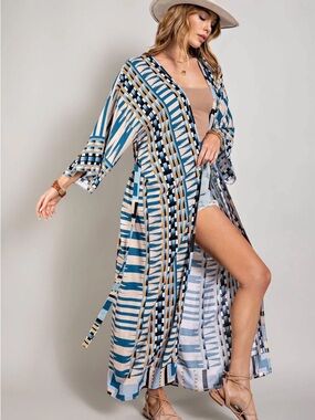 Boho Aztec Inspired Maxi Swim Cover-Up Duster Kimono - Blue & Cream - OS